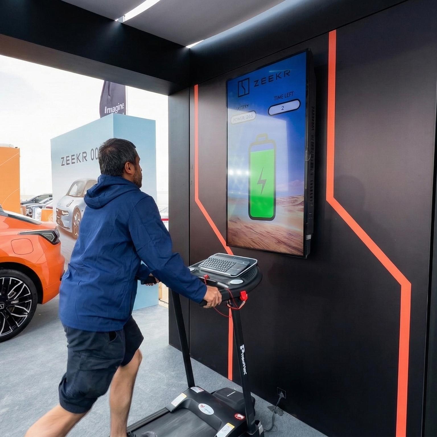 Interactive Treadmill Activation in Dubai: Participants generating human power to recharge EV cars